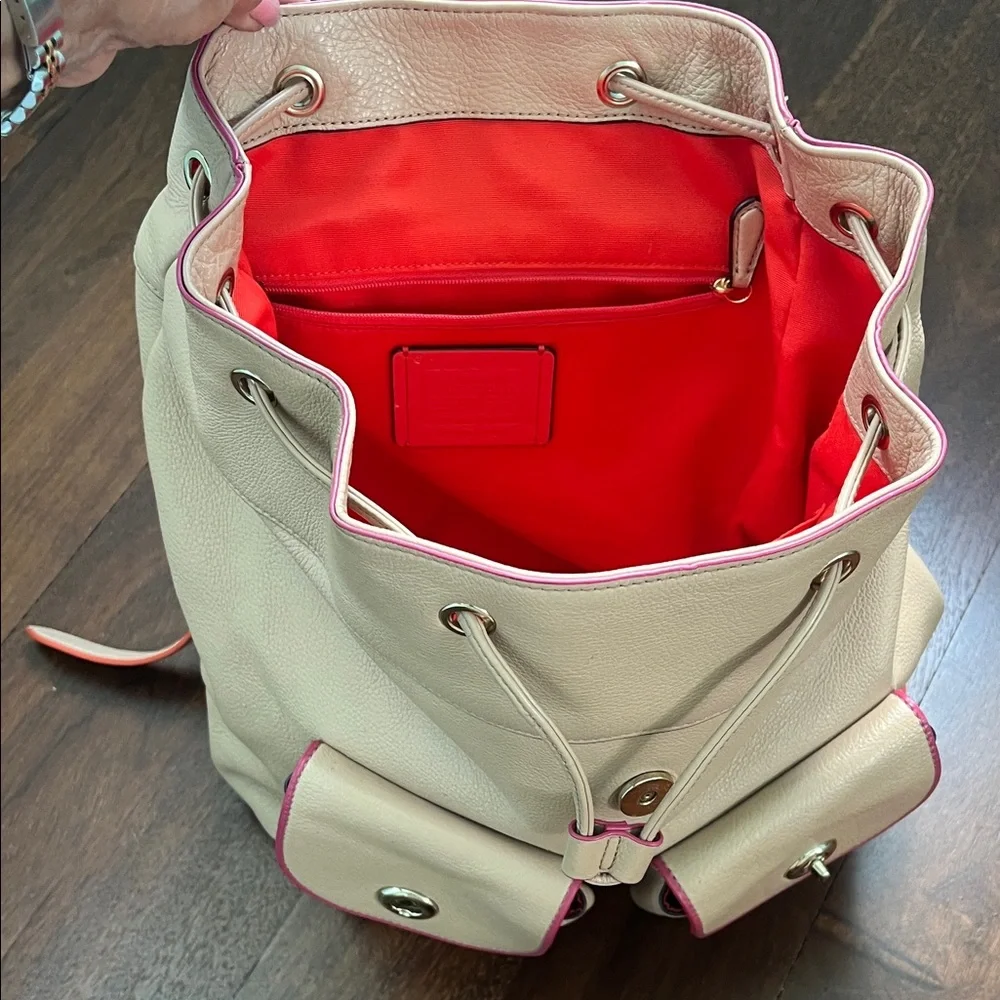 Coach Cream Leather Drawstring Backpack with Pink Trim